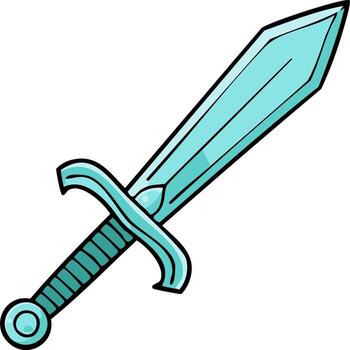 Cartoon style bright cyan sword with black outline, weapon object illustration, game fantasy element vector