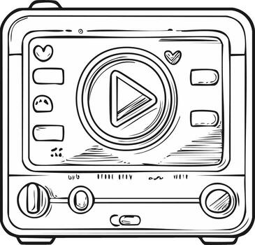 mano dibujado portátil medios de comunicación jugador ilustración presentando jugar botón corazón y múltiple controlar perillas línea Arte estilo vector