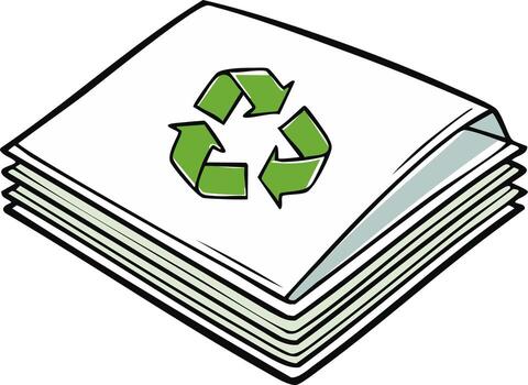 Recycled Papers Stack with Green Recycling Symbol - Paper Sheets and Renewable Resources Concept vector