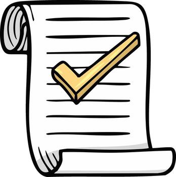 dibujos animados documento con líneas y dorado marca de verificación icono simbolizando aprobación, terminación, y tarea éxito vector