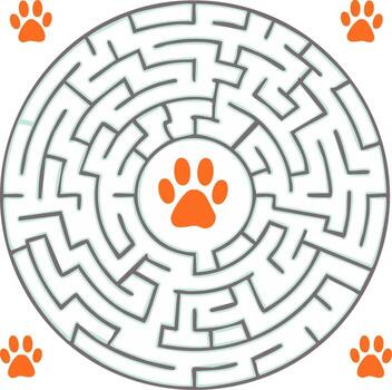 redondo laberinto con pata huellas dactilares, desafío juego para problema resolviendo y habilidad desarrollo vector