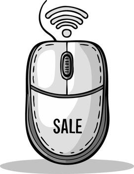 Hand drawn computer mouse with sale text and wifi symbol for online shopping concept vector