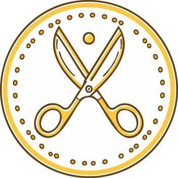 Golden yellow open scissors illustration icon with brown outline inside a decorative dotted circle frame vector