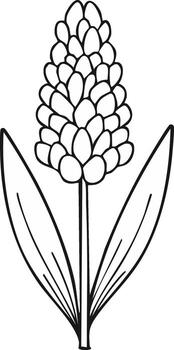 Monochrome linear illustration of an abstract spring flower with a conical bloom and two leaves vector