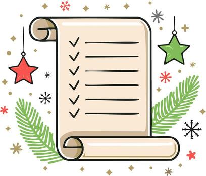 Festive Scroll with Checkmarks and Christmas Decorations, Winter Holiday To-Do List vector