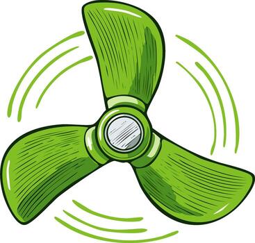 Illustrated green three blade fan propeller rotating with motion lines for air circulation vector