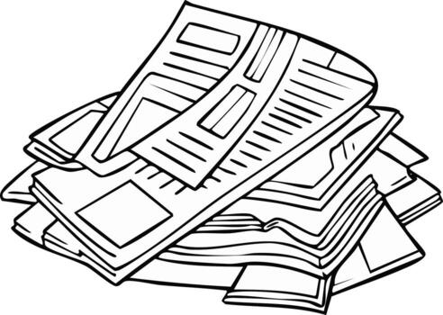 Black and white line art illustration of a stack of daily newspapers with headlines and articles vector