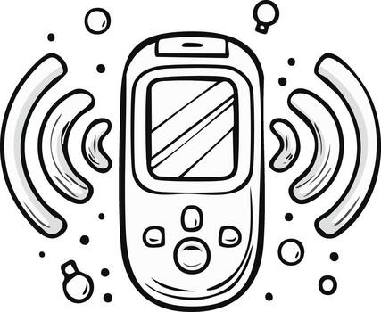 Hand drawn device with screen, buttons, signal waves, circles. Mobile phone with wireless connect vector