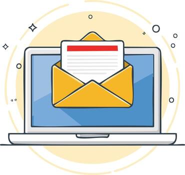 ordenador portátil mostrando un abierto sobre con un letra dentro y notificación símbolos vector