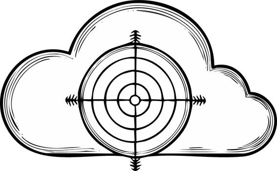 Hand Drawn Cloud with Target Focus, Black and White Doodle Style Illustration Concept, Aiming Technology, Data Analysis vector