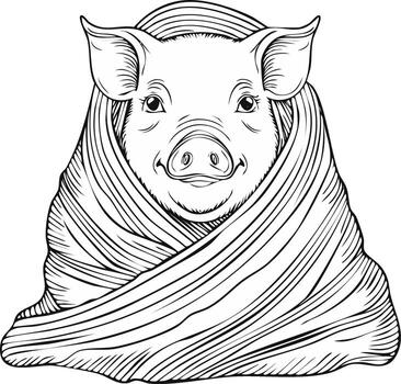Adorable piglet wrapped in a blanket looking happy and content vector