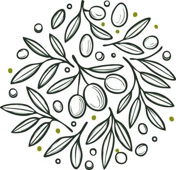 Circular pattern of olive branches with leaves and fruits, hand-drawn sketch style vector