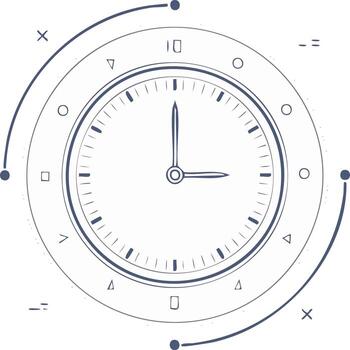 Modern style clock with abstract decorative elements in a circular design with hand-drawn aesthetic vector