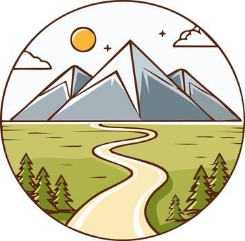 Mountain Landscape with Winding Path and Pine Trees in Circular Design vector