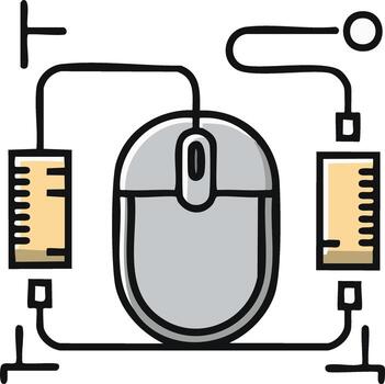 Computer mouse connected with cables and fluid containers, technology innovation concept sketch vector