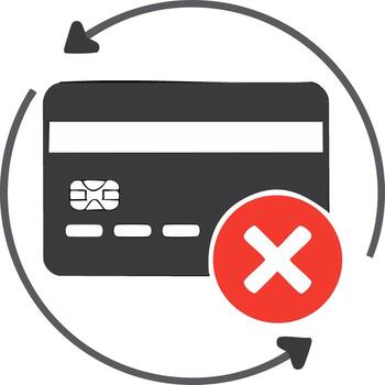 Declined credit card transaction illustration with circular arrows and red error symbol vector