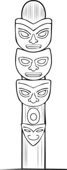 Tribal Mask Totem Pole Drawing with Multiple Faces and Circular Ornament vector