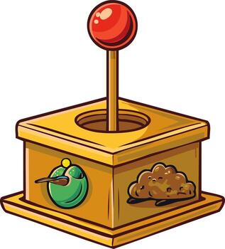 Golden box with red lever, a bird and poo icon as an odd funny item vector