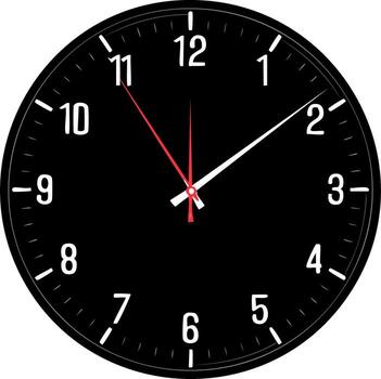 Modern black round analog clock with white numbers and hands a prominent red second hand vector