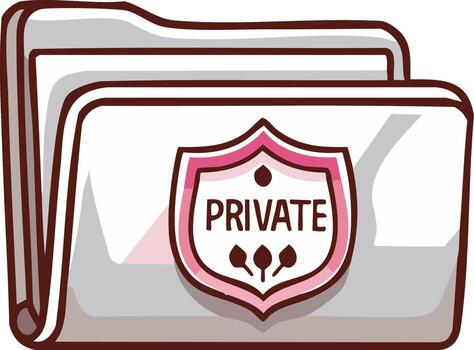Cartoon-style icon depicting file folder adorned with shield that has private label to represent privacy, protection, and security vector