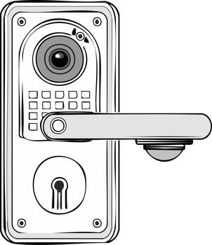 Door security system with handle, camera, keypad, and keyhole for secure home access and digital entrance vector