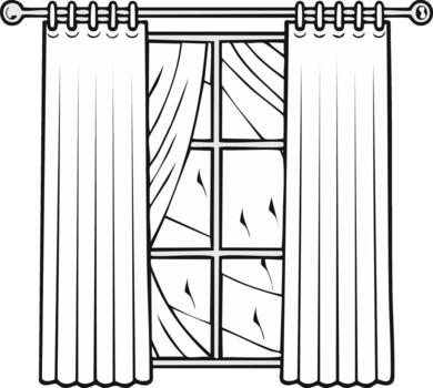 Black and white line drawing of a window with curtains and window frame vector