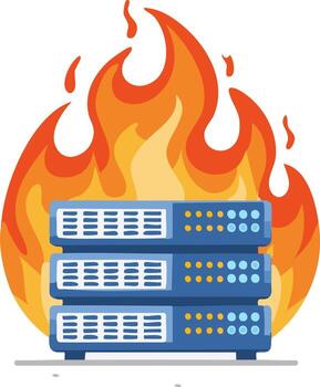 Burning Server Stack Data Loss Illustration Fire Damaged Computer System Hardware Failure Problem Concept vector