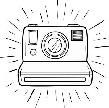 Instant camera sketch illustration with light rays, photography art design vector