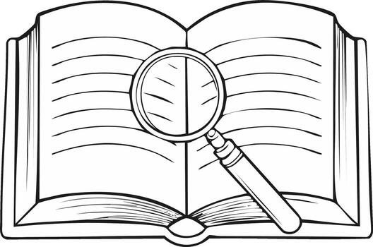 Magnifying glass on open book pages for search and study outline vector