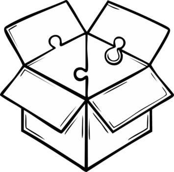 Open box with puzzle pieces inside and scattered conceptual artwork vector