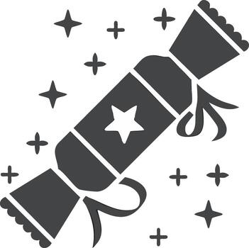 Isolated silhouette of a christmas cracker wrapped with a ribbon decorated with a star surrounded by festive sparkles vector