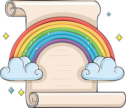 Whimsical cartoon rainbow arching over a blank parchment scroll with fluffy clouds and magical sparkles vector