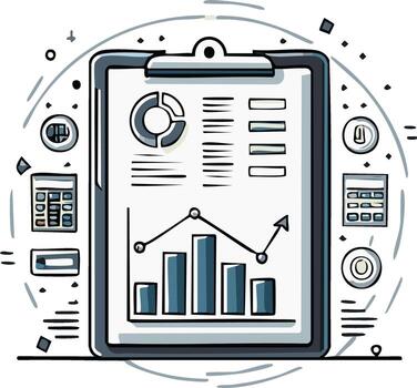 Financial report illustration on a clipboard with bar graphs and pie charts for business data analysis and accounting vector