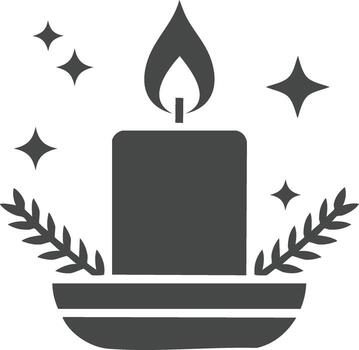 decorativo plano icono de un iluminado vela en un estar con festivo ramas y espumoso estrellas vector