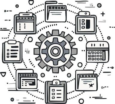 Abstract illustration of a gear surrounded by various document files vector
