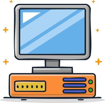 Cartoon illustration of a computer monitor with orange computer tower vector