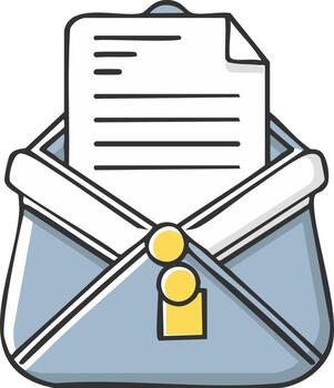 Simple doodle drawing of an open blue envelope with letter expressing digital mail and important message vector