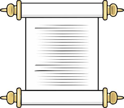 Classic cartoon illustration of an ancient unrolled paper scroll manuscript with golden handles and text lines vector
