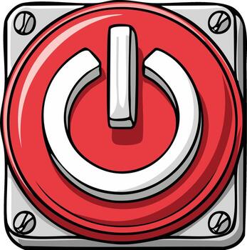 Red Power Button Illustration on Gray Metal Plate with Screws Turning On Turning Off Electrical Appliances Computers Electronics vector