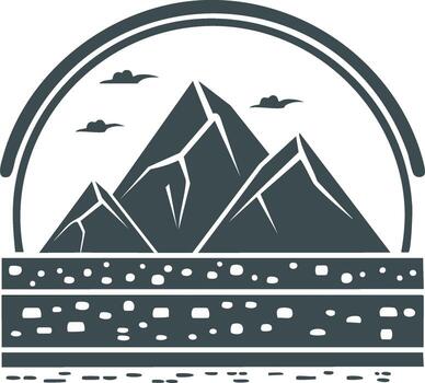 Mountain logo design with clouds, circle frame, and decorative lines in a simple, clean style vector