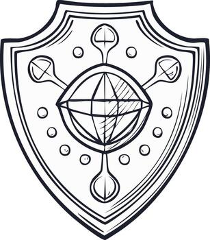 Outline sketch of a protective shield featuring a global network and data defense icon vector