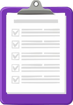 Purple clipboard with a completed checklist showing finished tasks and successful planning vector