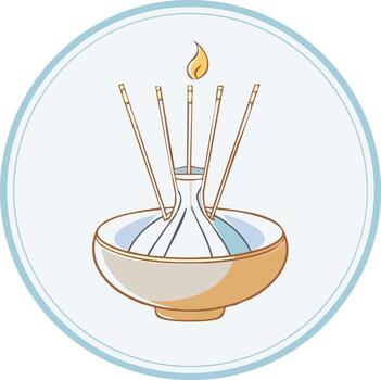 Incense burner with burning incense sticks and flame illustration in a circle frame vector