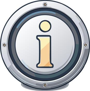 Stylized information icon in a round metallic frame with rivets. A 3D cartoon UI button for help and support vector