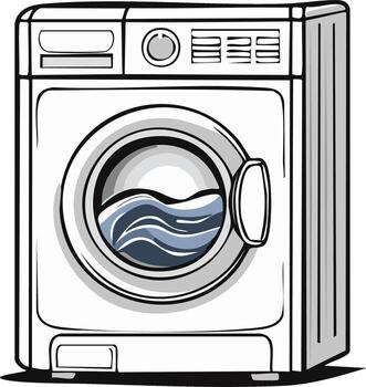 Front load washing machine with water visible inside the drum and simple line art style vector