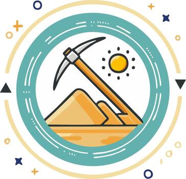 Symbolic Pickaxe and Sand with Sun in Circular Frame Desert Mining Graphic vector