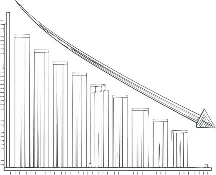Hand drawn declining bar graph with a downward arrow illustrating a financial recession and business failure vector