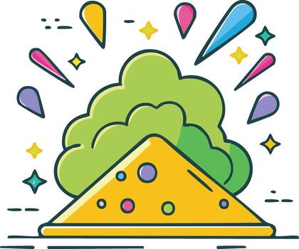 Dynamic abstract graphic of a bursting celebration with colorful elements and a green cloud vector