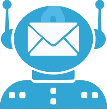 Blue robot head with mail envelope symbol representing AI communication technology icon vector