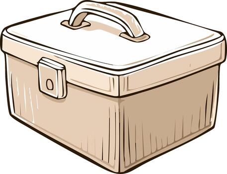 Illustrated storage box with handle and latch. Beige case in cartoon style. Isolated on white background vector